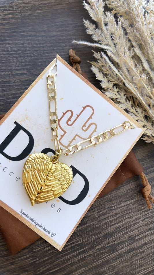 Gold Heart Wing Figaro Chain Locket